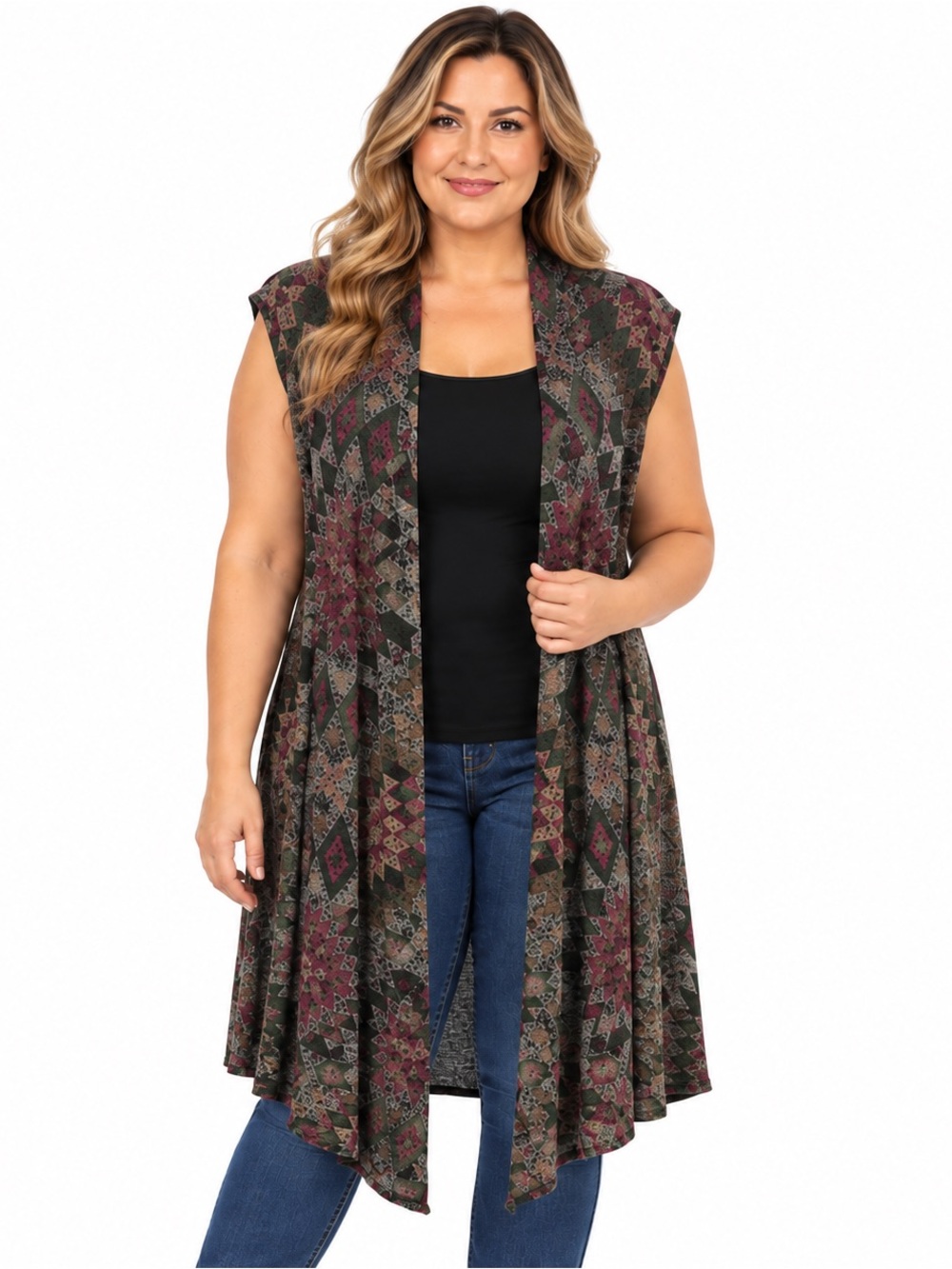 New Directions Plus 1X Southwestern Long Duster Vest Boho Western Open Cardigan